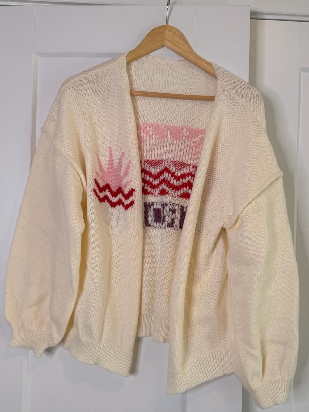 🩵2 for 30- AS IS-St. Tropez Cream Open-Front Cardigan with Pink and Red Accents